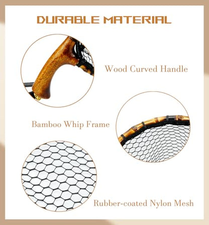 Fly Fishing Net with Release, Lightweight Trout Fishing Net with Wooden Handle Frame, Rubber-Coated Mesh Landing Nets for Minnow, Catch and Release
