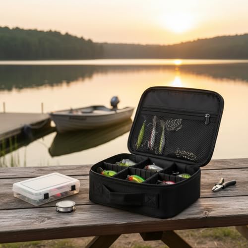 Oxford Cloth Fishing Tackle Bag with Dividers, Portable Lure & Hook Storage Case for Anglers, Black - size: 10.24 x 9.06 x 3.94 in