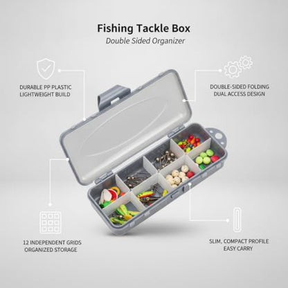 Kayak and Bank Fishing Essential: Double-Sided Folding Tackle Box with 12 Compartments for Lures, Slim PP Plastic Organizer - color: Gray