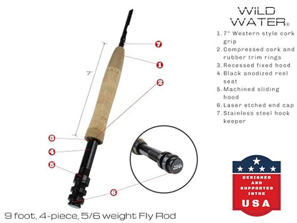 Wild Water Standard Fly Fishing Combo Starter Kit, 5 or 6 Weight 9 Foot Fly Rod, 4-Piece Graphite Rod with Cork Handle, Accessories, Die Cast Aluminum Reel, Carrying Case, Fly Box Case & Fishing Flies