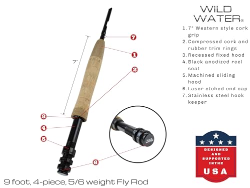 Wild Water Deluxe Fly Fishing Combo Starter Kit, 5 or 6 Weight 9 Foot Fly Rod, 4-Piece Graphite Rod with Cork Handle, Accessories, Die Cast Aluminum Reel, Carrying Case, Fly Box Case & Fishing Flies