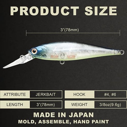 LUCKY CRAFT Pointer 78DD Freshwater Fishing Lure and Gear for Bass & Trout, 3 inch Deep Diving Suspending Jerkbait Fishing Line, Pressure-Ready Fish Bait, Premium Gear for Tackle Box, - color: 371 Bone Pro-Blue