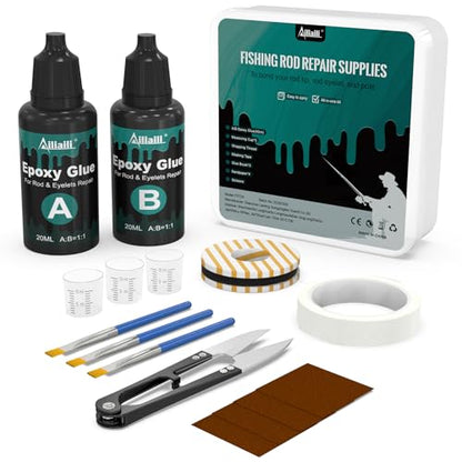 Fishing Rod Repair Supplies Kit - 40ml A&B Epoxy Glue, Wrapping Thread, Tape, and Other Accessories - Design to Bond & Hold Pole Tip, Rod Eyelet, Fishing Rod Replacement - for Men