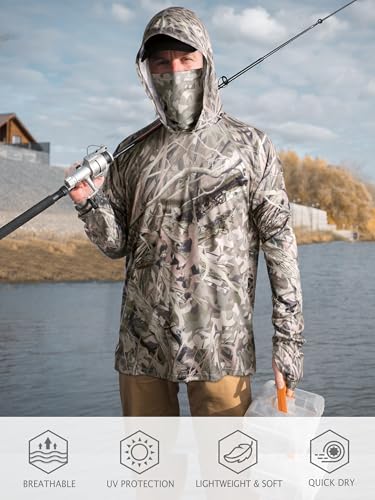 FISHEAL Men's Hunting Shirts with Mask - UPF 50+ Camo Long Sleeve Fishing Hoodie Shirt with Adjustable Drawstring - color: Reeds, size: Small