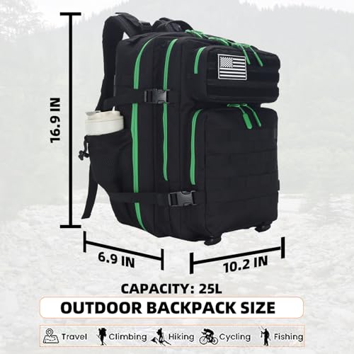 Lovelinks21 25L Tactical Military Backpack Small Travel Rucksack for Men and Women Assault Pack Bug Out Bag Molle Daypack Gym Backpack with Bottle Holder (Black Neon Green) - color: Black Neon Green