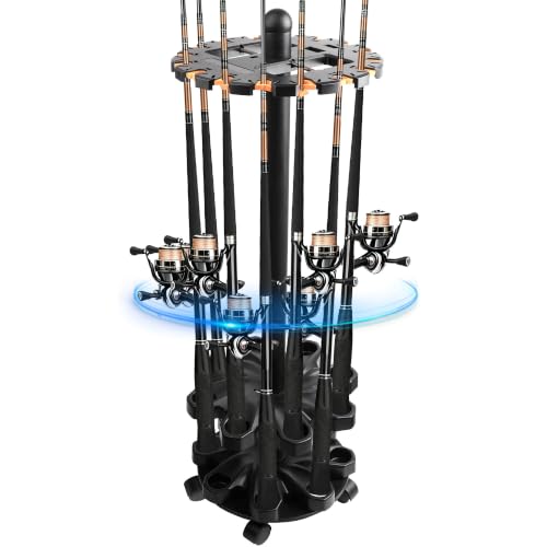 360-Degree Fishing Pole Holder, 16-Rod Fishing Rod Rack with Locking Wheels | Space-saving fishing pole rack for garage with locking wheels, ABS build, dual line slots, soft clips and gift-ready storage