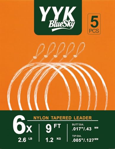 YYKBlueSky 9FT Clear Nylon Tapered Leader, Multiple Sizes 0X-7X (0X 1X 2X 3X 4X 5X 6X 7X) Optional, 5PCS Each for Freshwater Fly Fishing Line - size: 6X