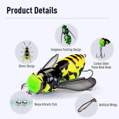 Kingdom Wasp Crawl Bait Insect Bionic Floating Fishing Lures Swimbaits Hard Artificial Baits Lure Freshwater and Saltwater Bass Carp Pike Walleye Fishing ABS Material Carbon Steel Three Book Hook - color: 01, size: 6.6g