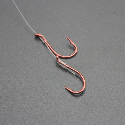 50pcs/Bag Premium Snelled Fishing Hooks Set, Red Coated Double Hook Design with Twin Uni Knot, Pre-Tied Clear Leader Line