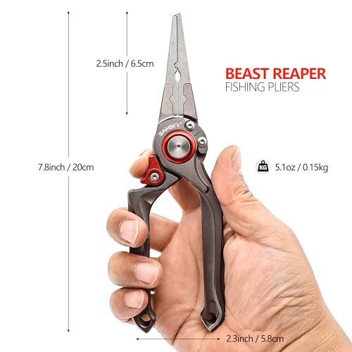 SAMSFX Fishing Pliers, Muti-Function Fly Fishing Tools, 8" Saltwater Resistant Gear Hook Remover Split Ring Tungsten Cutters, with Lanyard & Sheath - color: Red Fishing Pliers with Quick Knot Tool