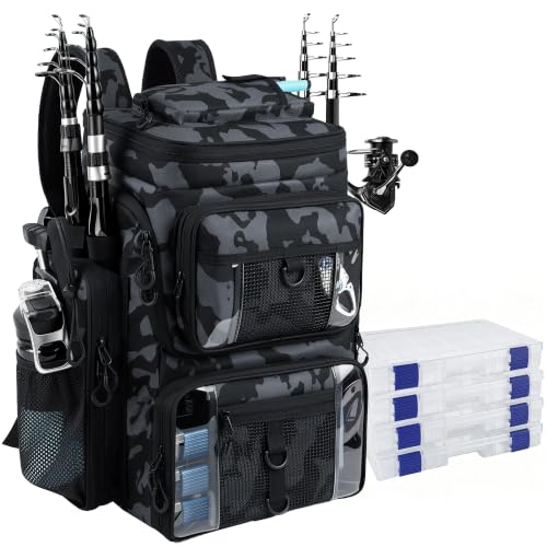 Fishing Backpack with 4 Tackle Boxes, 55L Large Tackle Box Backpack with 4 Rod Holders, Waterproof 900D Tackle Backpacks with Cooler & Clear Gear Windows, Fishing Gifts for Men Women,Camouflage Black - color: Camouflage Black(with 4Boxes)