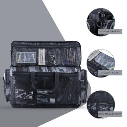 Goture Large Tackle Bag,Water Resistant Saltwater Gear Storage Big Fishing Bag with EVA Bottom,Store Up to 12PCS 3700 Plus 5PCS 3600 Tackle Trays(Not Included),Gifts for Men(26.38"x15.35"x11.42") - color: A2 Camo 1 XXL Without Trays