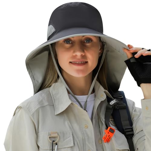 HUAMULAN Women Large Brim Sun Hat with Neck Flap, Men Quick Dry Hiking Fishing Safari Hat UPF 50+ - color: Hyp011-darkgray