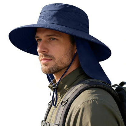 Sun Hats for Men Women, UPF50+ Protection Safari Hat,Wide Brim Fishing Hat with Neck Flap,Bucket Hats for Beach Hiking - color: Navy