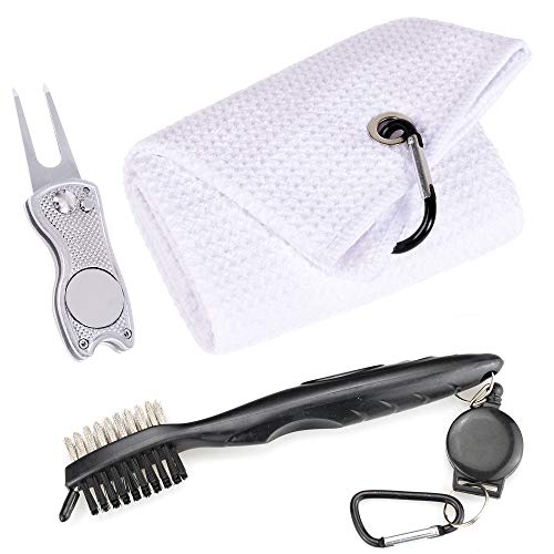 Mile High Life Microfiber Waffle Pattern Golf Towel | Club Groove Cleaner Brush | Foldable Divot Tool with Magnetic Ball Marker (White Towel/Brush/Fish Divot) - color: White Towel/Brush/Fish Divot