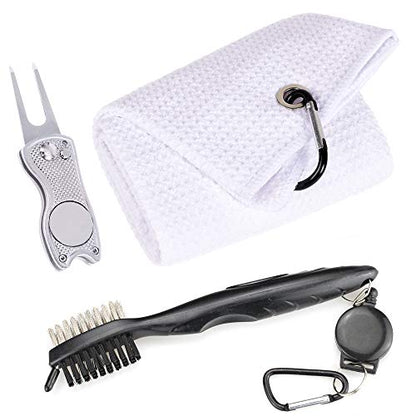 Mile High Life Microfiber Waffle Pattern Golf Towel | Club Groove Cleaner Brush | Foldable Divot Tool with Magnetic Ball Marker (White Towel/Brush/Fish Divot) - color: White Towel/Brush/Fish Divot