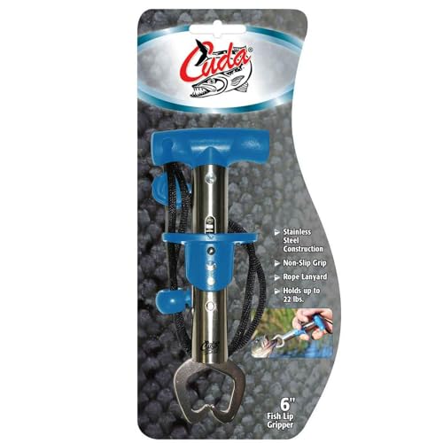 CUDA 6" Fish Lip Gripper, Durable Stainless Steel Up to 22 Lbs Fishing Accessory Tool for Freshwater Fish with Non-Slip T-Handle, Lanyard Included