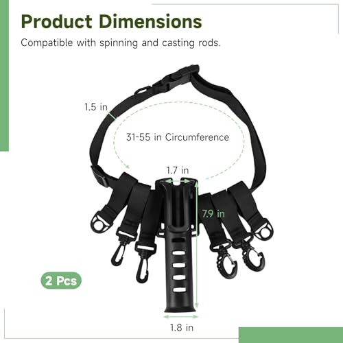 2 Pcs Fishing Rod Holder Belts, Adjustable Fishing Rod Holsters, Waist Wading Belts for Men, Includes 6 Moveable Hooks and 1 Portable Pole Inserter, Fly Fishing Gear for Casting Spinning