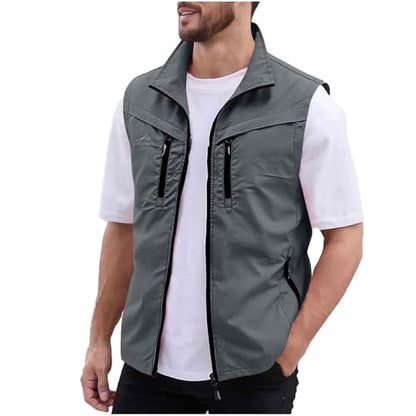 Men Fishing Vest Lightweight Outerwear Golf Running Sleeveless Jacket Travel Photo Utility Vest with Zipper Pockets - color: #02 Gray, size: Large