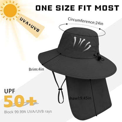 Sun Hats for Men Women, UPF50+ Protection Safari Hat,Wide Brim Fishing Hat with Neck Flap,Bucket Hats for Beach Hiking - color: Blacksleeves