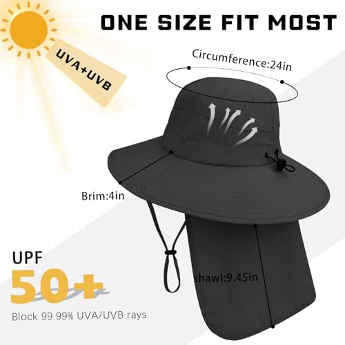 Sun Hats for Men Women, UPF50+ Protection Safari Hat,Wide Brim Fishing Hat with Neck Flap,Bucket Hats for Beach Hiking - color: Black