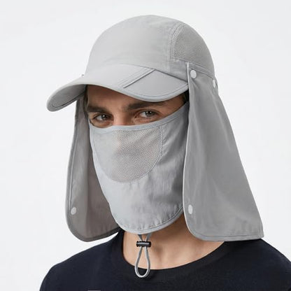Foldable Baseball Cap with Detachable Neck Flap and Face Cover Portable Sun Hat Fishing Hats for Men Women - color: Lightgrey