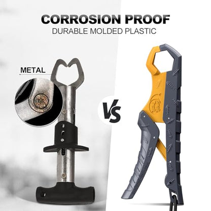 SNAIL TRAIL 7.5'' Floating Fish Gripper, Fishing Grabber | Catfish Mouth Pliers, Caught Bass Holder, Fish Scale Hook Clamp, Saltwater Lip Grip Tool with Lanyard, Gifts for Men - color: Gray-yellow