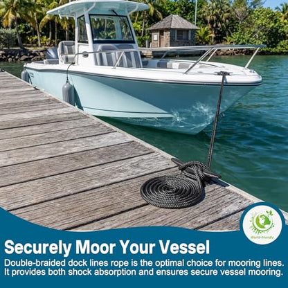 2 Pack 1/2" x 15' Boat Dock Lines for Boat & Pontoon, Premium Marine- Grade Double Braided Nylon Boat Lines, Pre-Spliced with a 12" Eyelet-Black,High Strength,Easy Handling,Boating Gifts for Men. - size: 1/2" x 15' (Pack of 2)