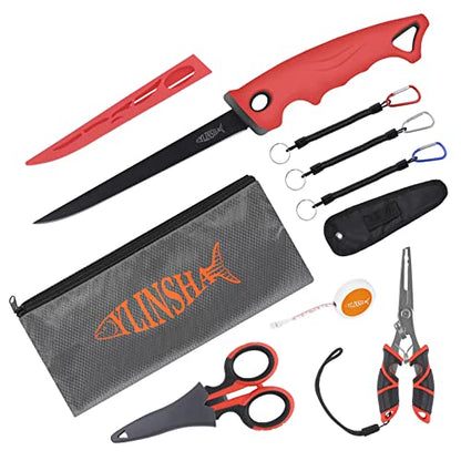 Fishing Tool Kit - 8pc Including Fillet Knife, Scissors, Pliers, Measuring Ruler, Anti-Lost Lanyard, Waterproof Storage Bag