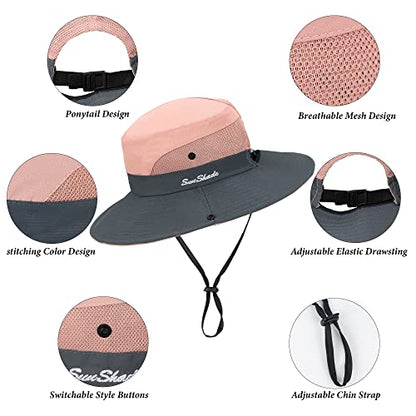 Sun Hat for Women Summer UV Protection Beach Hat Wide Brim Mesh Bucket Fishing Hat with Ponytail Hole Foldable Packable Hat - color: Pink(with Ponytail Hole)