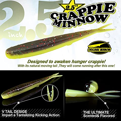 Crappie-Baits- Plastics-Jig-Heads-Kit-Minnow-Fishing-Lures-for Crappie-Panfish-Bluegill-20Piece Kit - 15 Bodies- 5 Crappie Jig Heads - color: #07 TuxedoBlack-Chartreuse