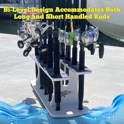 Rush Creek Creations Reel Salty Gray/White/Blue 11-Rod Marine Grade Fishing Rod Holder - Bi-Level Design, UV-Resistant, 100% Waterproof for Garage and Dock - size: 11-Rod