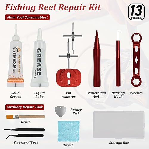 THKFISH Fishing Reel Repair Tool Kit, 13 Pcs Fishing Reel Bearing Tool Kit Remover Reel Bearing Remover Kit for Baitcasting Reel Lightweight DIY Use Tools