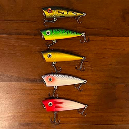 Popper Fishing Lures Topwater Fishing Baits Hard Baits 3D Eyes Swimbait Crankbait with Treble Hook for Bass Trout Freshwater Saltwater - color: 5pcs-2.36in/0.22oz