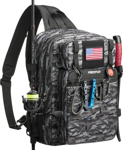 Piscifun Fishing Backpack Tackle Bag with 2 Rod Holders, Multi-Compartment Storage, MOLLE System, Water-Resistant Lightweight Outdoor Pack - color: Double Shoulder - Black Camouflage, style: Large