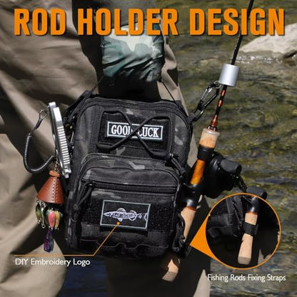Dovesun Small Fishing Backpack, Waterproof Fly Fishing Sling Pack Tackle Bag with Tackle Boxes - color: C-Size:17.7*8.5*5.7in-Black(NO TACKLE BOX)