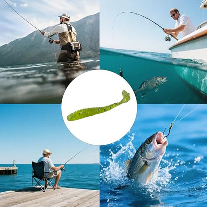 50PCS 5cm Soft Plastic Fishing Lures, PVC Paddle Tail Swimbaits for Bass Trout Walleye Crappie, T-Tail Grub Worm Baits Tackle Accessory - color: Green