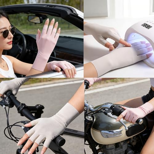 IZUS Women Cool Ice Silk Fingerless Driving Gloves Sunblock Non-Slip Outdoor Light-Thin Gloves Fishing Hiking Outdoor - color: 2set (Pink+ivory)