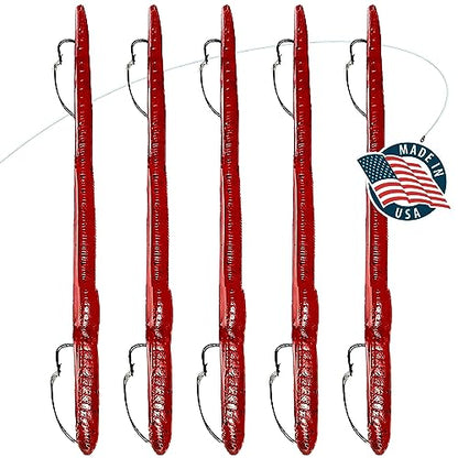 DeLong Lures 6" KILR Worm – Made in USA Weedless Pre-Rigged Soft Plastic Swimbaits, Extra Durable Bass Fishing Lures for Pike and More, 5-Pack Variety - color: Red Bug
