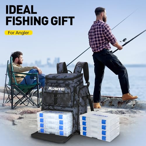 PLUSINNO Fishing Tackle Backpack with Rod Holders，42L Water-resistant Fishing Bag Store Fishing Gear, Fisher Gifts For Men. - color: Black Camo（4 Tackle Boxes Included）