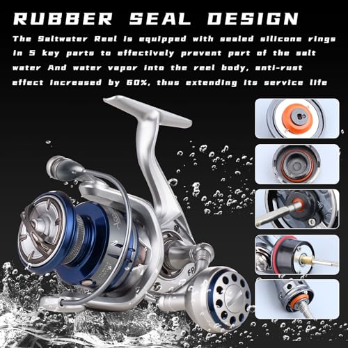 Saltwater Spinning Reel,13+1BB Ultra Smooth Saltwater Fishing Reels,Powerful Carbon Drag,CNC Aluminum Spool & Handle - color: silver&blue, size: 4000