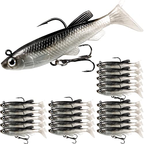 Soft Fishing Lures Shad Minnow Swimbaits, Pre-Rigged Jig Heads Paddle Tail Swim Baits for Bass, Trout, Walleye, Crappie, Sinking Jigs Bait for Saltwater Freshwater, Fishing Gifts for Men - color: A3-Weedness Pre Rigged Swim Baits-20pcs- 3.15inch