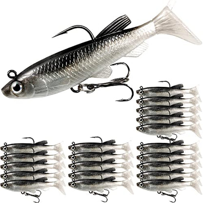 Soft Fishing Lures Shad Minnow Swimbaits, Pre-Rigged Jig Heads Paddle Tail Swim Baits for Bass, Trout, Walleye, Crappie, Sinking Jigs Bait for Saltwater Freshwater, Fishing Gifts for Men - color: A3-Weedness Pre Rigged Swim Baits-20pcs- 3.15inch