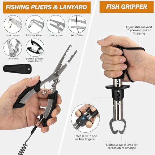 THKFISH 85Pcs Fishing Tool Kit, Fishing Backpack with Tackle Boxes Included, Fishing Tackle Kit Include Fishing Bait Lure Gear Kit, Fishing Pliers, Fish Hook Remover, Lip Gripper - color: Khaki Backpack
