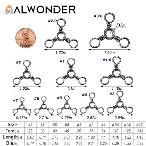 Alwonder 100-Pack 3 Way Swivels Fishing Tackle, 28-143LB Stainless Steel Black Nickel Three Way Swivel Fishing Swivels Connectors Saltwater Freshwater Surf Deep Drop Catfishing Rigs Tackle - size: #5-40LB-100 Pack
