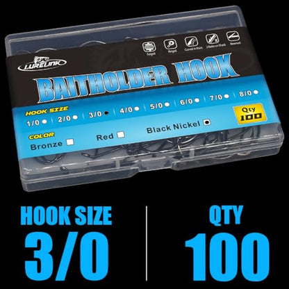 Baitholder Fishing Hooks 100 Pack - Double-Barbed Long Shank for Bluegill Bass Trout Walleye Black/Red, 8/0-#8 - color: 2-Black, size: 3/0 100-Pack