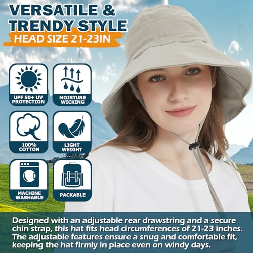 Women's Cotton Sun Hat with Neck Flap, UV Protection Wide Brim Outdoor Hat | Adjustable Fit, Moisture-Wicking & Breathable, Packable & Lightweight for Fishing Hiking Gardening Beach Safari - color: Khaki