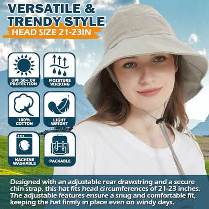Women's Cotton Sun Hat with Neck Flap, UV Protection Wide Brim Outdoor Hat | Adjustable Fit, Moisture-Wicking & Breathable, Packable & Lightweight for Fishing Hiking Gardening Beach Safari - color: Khaki