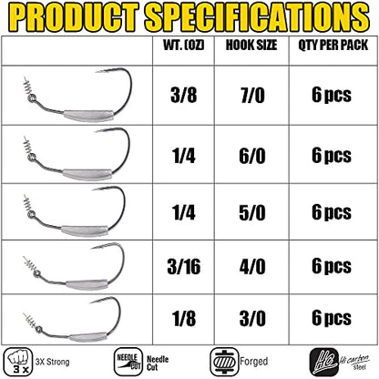 Weighted-Swimbait-Hooks-Jig-Heads-Soft Plastic Worm Fishing Hooks 3/0 4/0 5/0 6 Pack - size: Size 3/0,1/8oz 3.5g, 6-pack