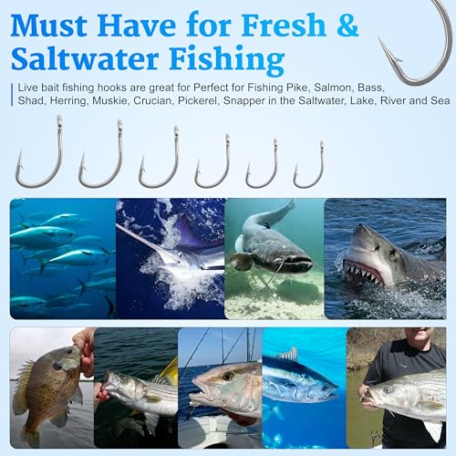 Live Bait Hooks Saltwater, 50pcs O'shaughnessy Circle Hooks Short Shank Stainless Steel Fishing Hooks in-Line Point Fishing J Hooks for Catfish Tuna Bass Salmon Size 1#-5/0 - size: 1/0-50pcs